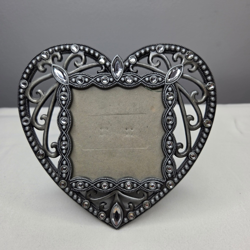 Malden Heart Picture Frame Pewter Silver Rhinestone Filigree 2.5x2.5 6289-33